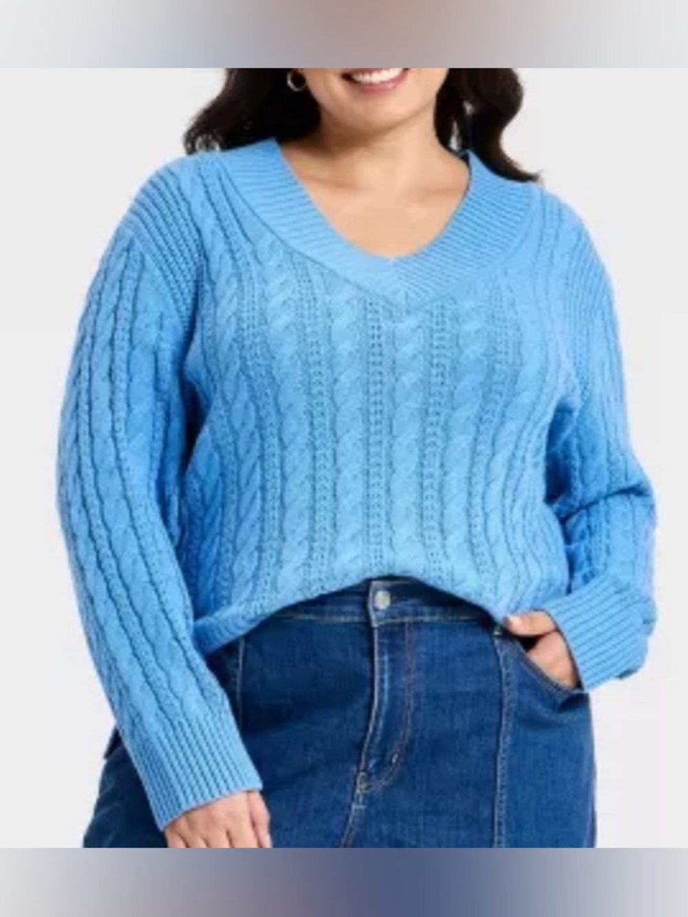 NWT Ava & Viv Plus Size Blue Cable Knit V-Neck Sweater-  Cozy & Soft